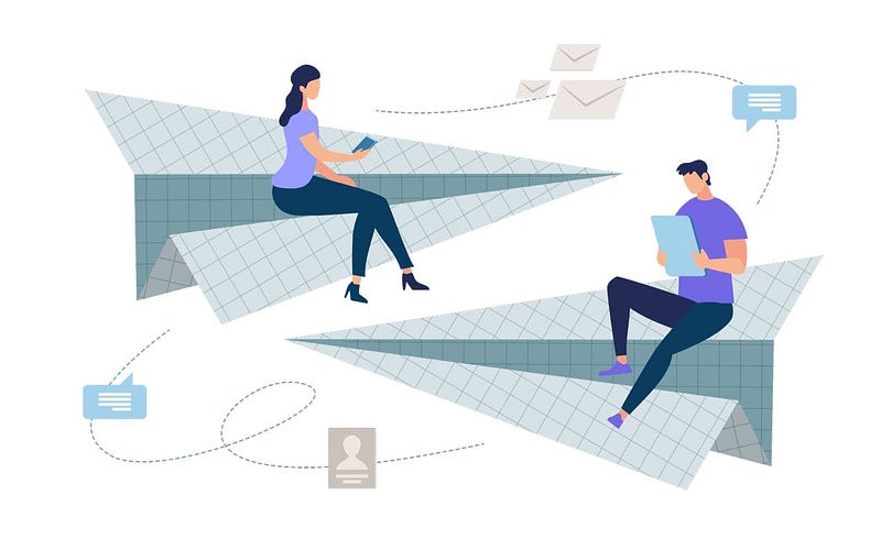 Two colleagues communicating through tables while sitting on graph paper made paper airplanes