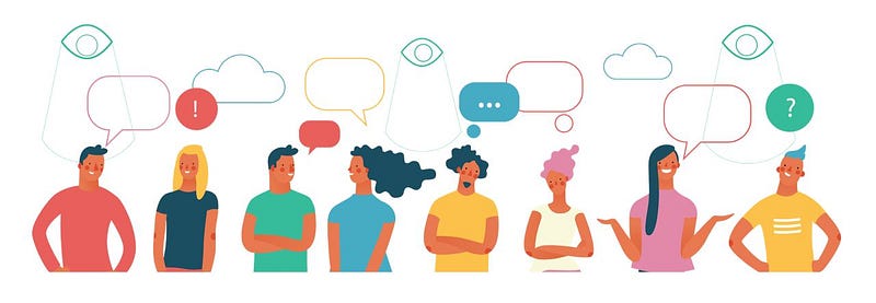 Eight people communicating aloud and with each other.