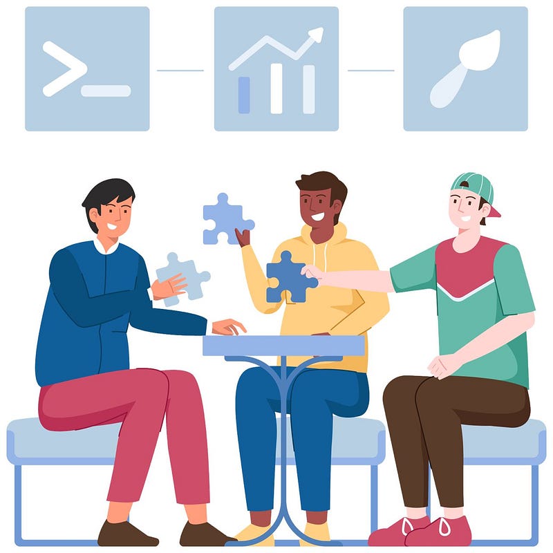 Team of three solving a puzzle together