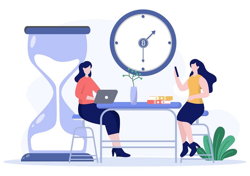 Two women sitting at a table with a bitcoin clock and giant hour glass in the background