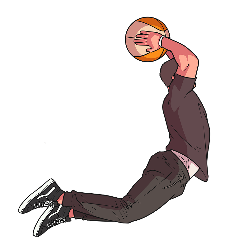 man looking like he's about to dunk a ball, yet there's no basket in sight.