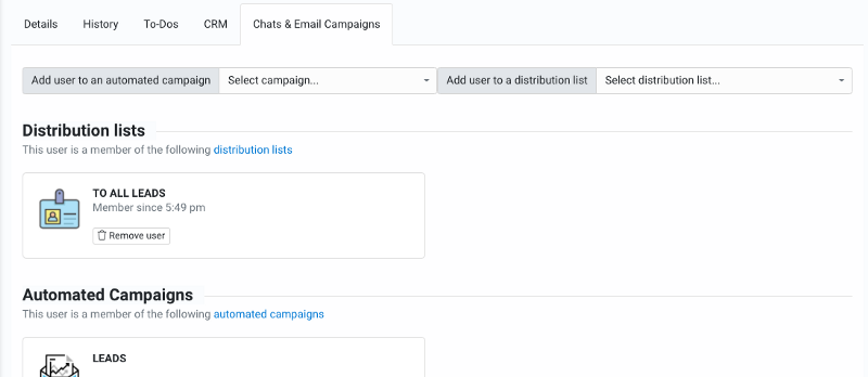 Customer profile with distribution lists and live chat overview