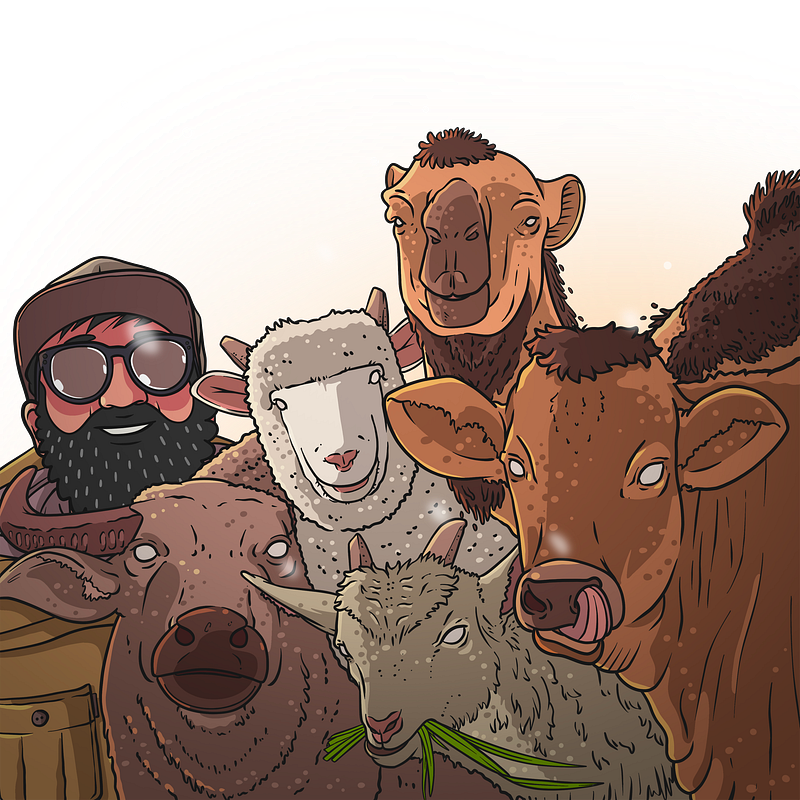 man hanging out with a group of various mammals